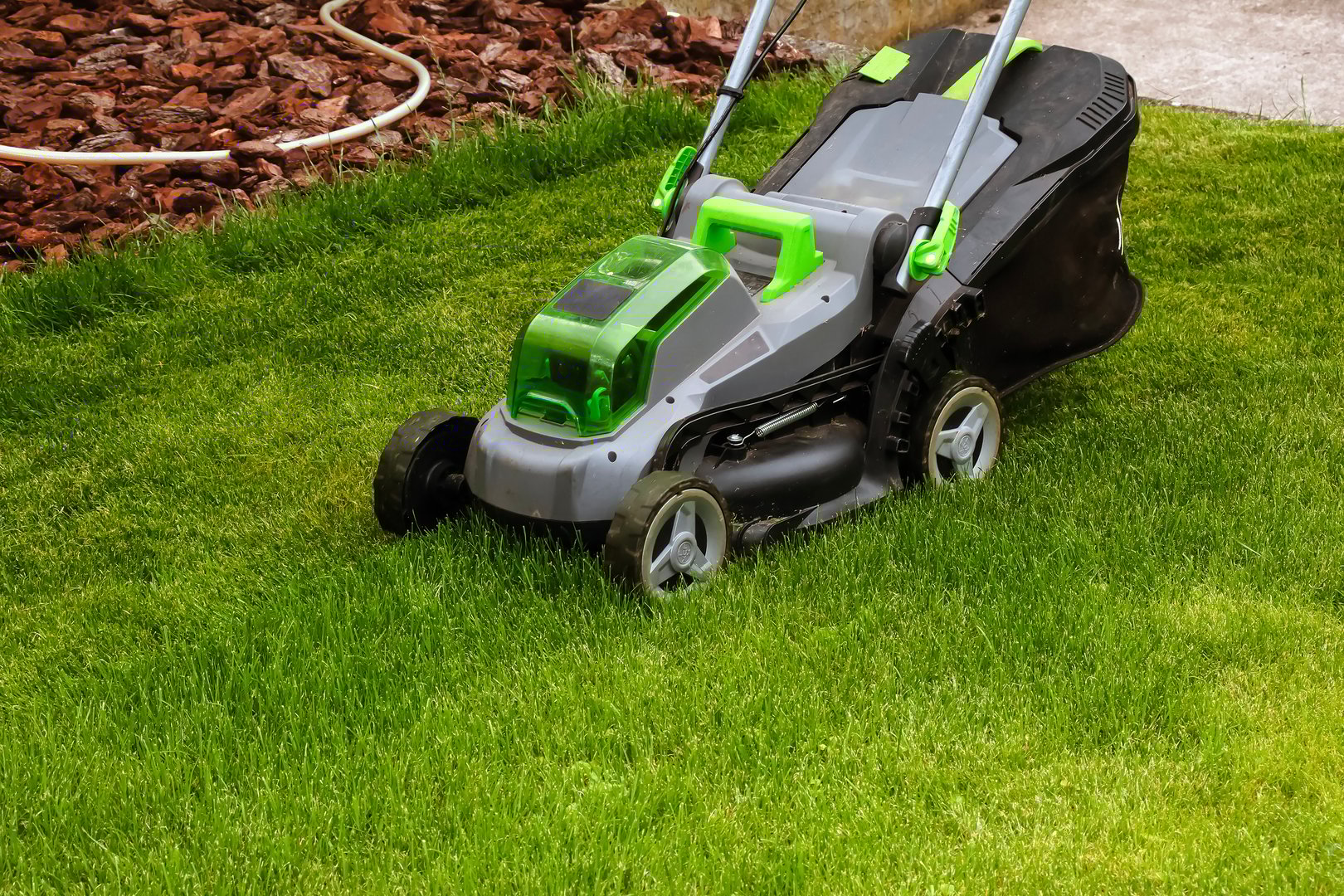 A young man is mowing a lawn with a lawn mower in his beautiful green floral summer garden.