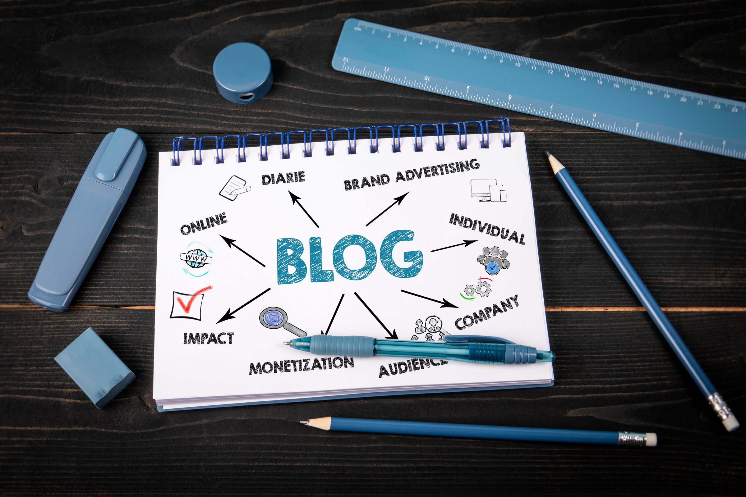 Blog. Illustration with keywords and icons. Notepad and blue stationery on a black wooden texture background.