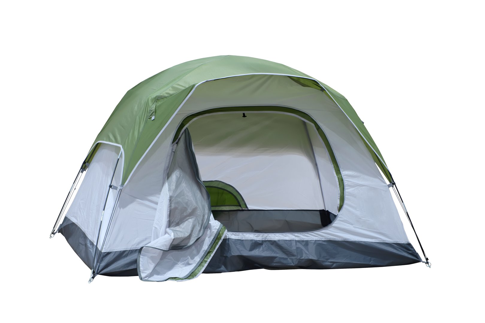 Open medium size tourist tent for camping on travel outdoor, isolated on white background