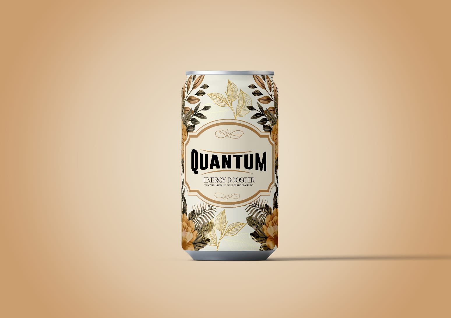 Tall can of Quantum Energy Booster with floral design on a beige background.