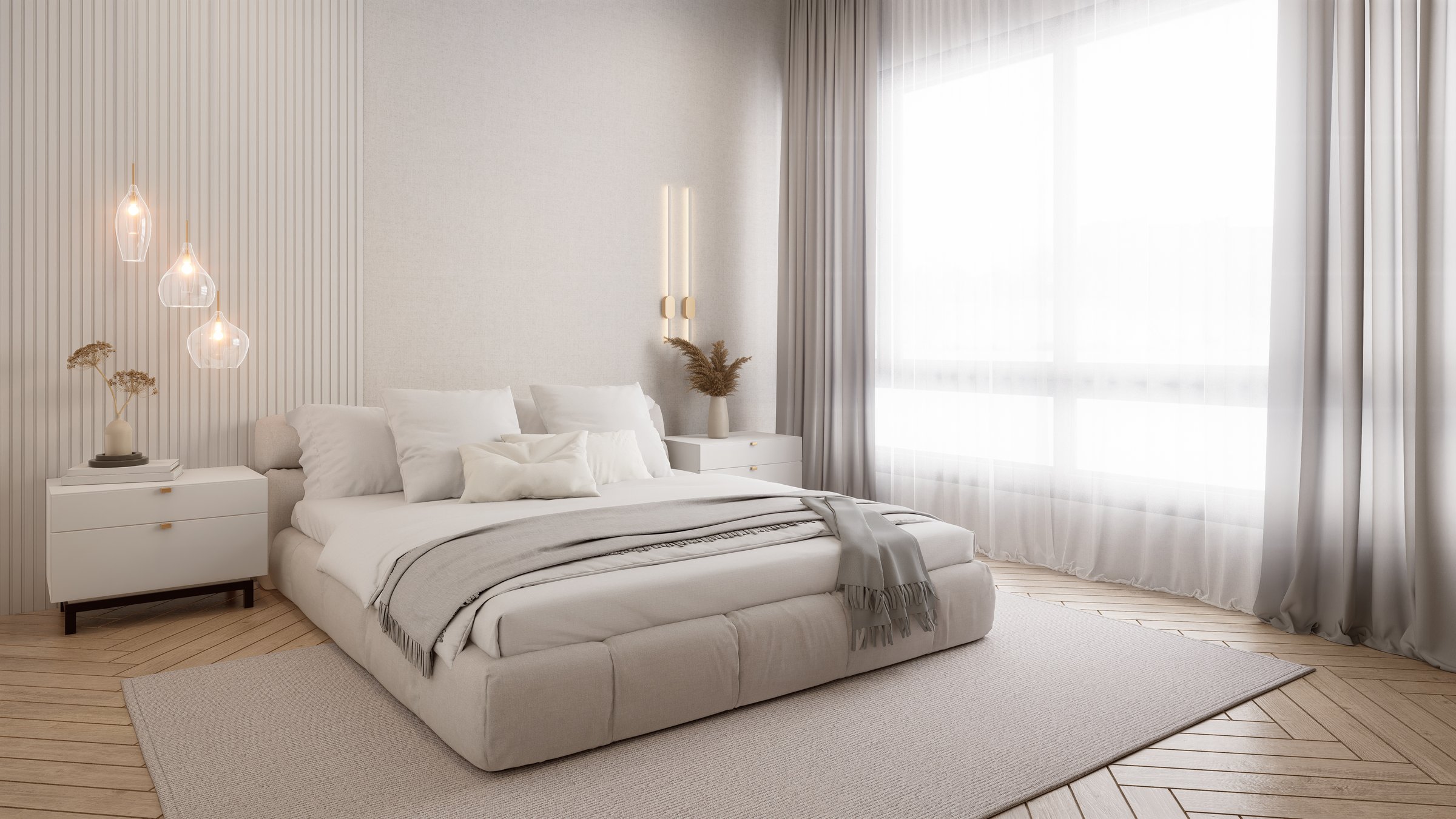 A modern, minimalistic bedroom featuring a large bed, soft textiles, elegant decor, and abundant natural light from a large window. 3d rendering video 4K interior scene.