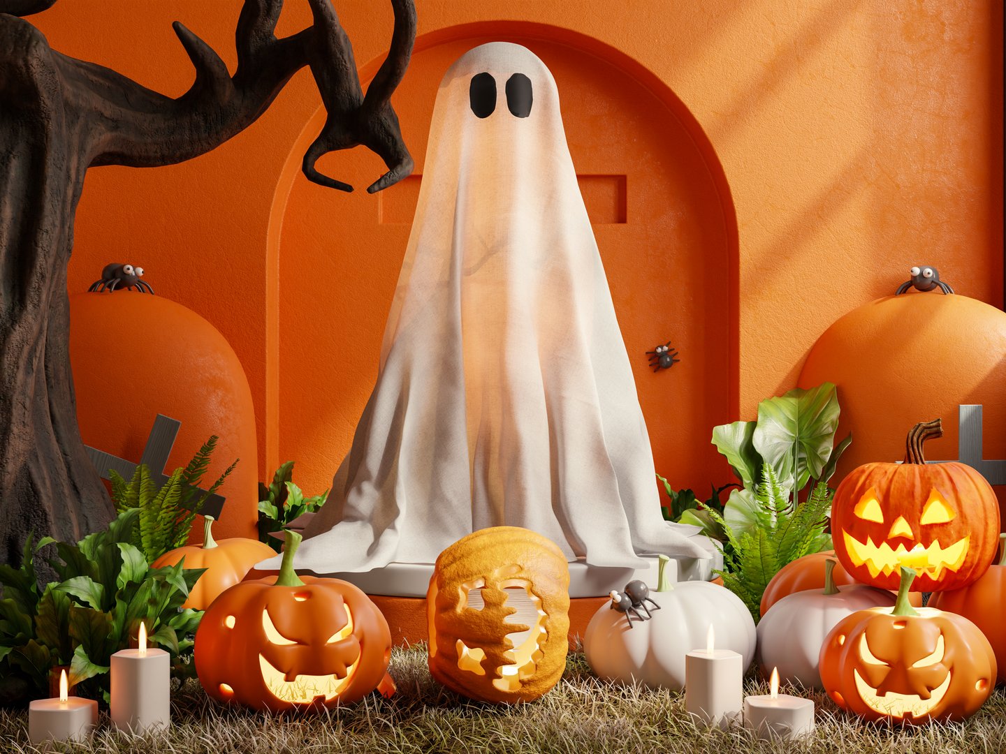 Spooky Halloween night scene with a ghost, jack lanterns, and spiders- 3D rendering