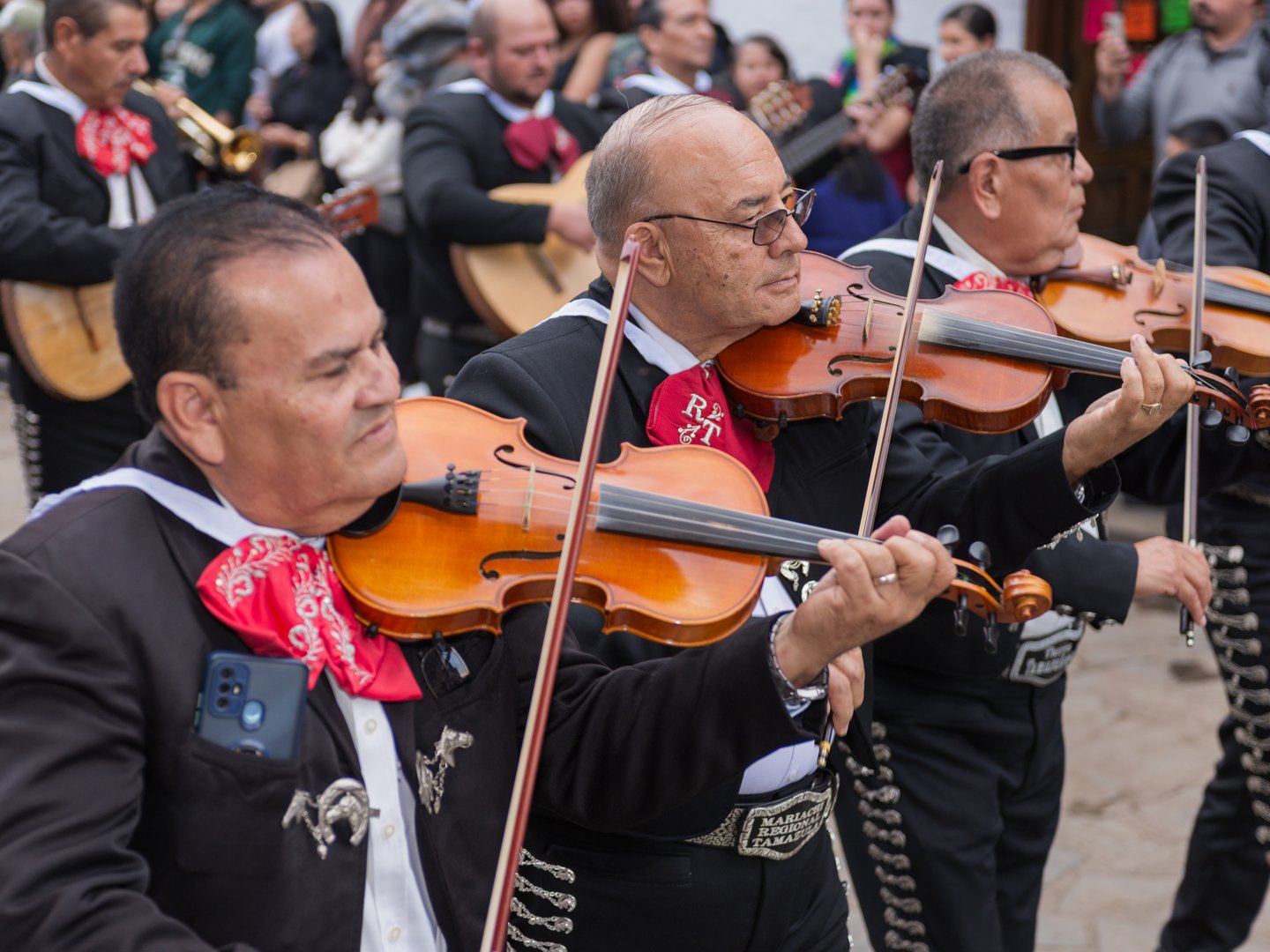 Mazamitla, Jalisco. Mexico. October 18, 2025. Lively Street Scene of Mariachi Band Performing in a Mexican Town in Inaugural Parade of the 17th Mazamitla Flower Festival.