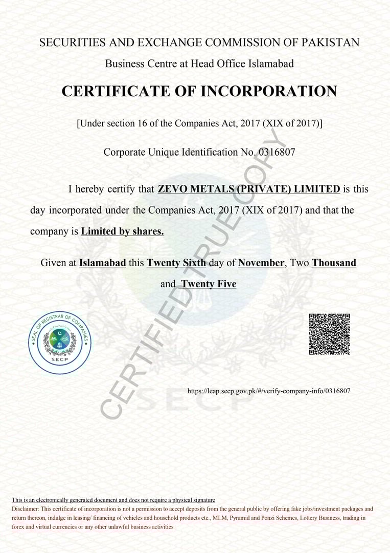 Certificate of Incorporation - ZeVo Metals (Private) Limited registered with Securities & Exchange Commission of Pakistan