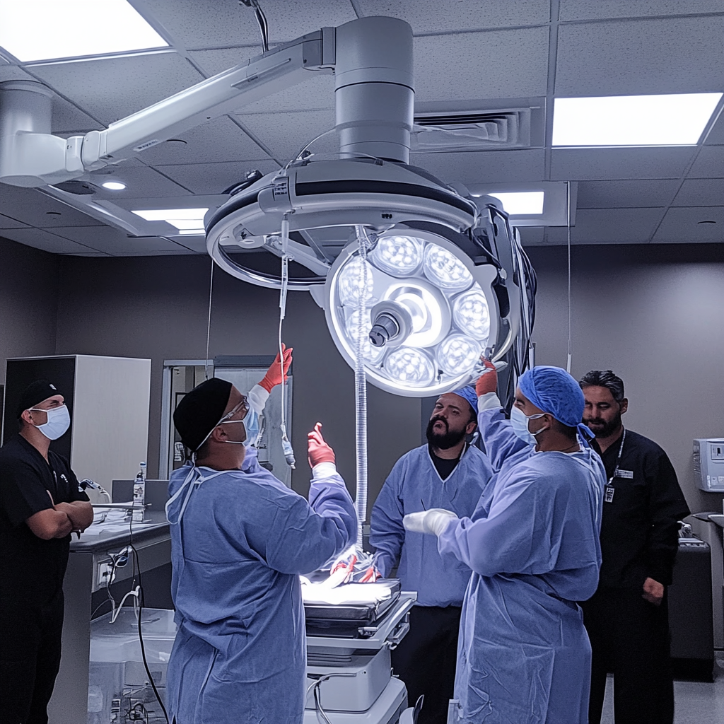 Medical team in surgical attire preparing for surgery in an operating room with bright overhead lights.
