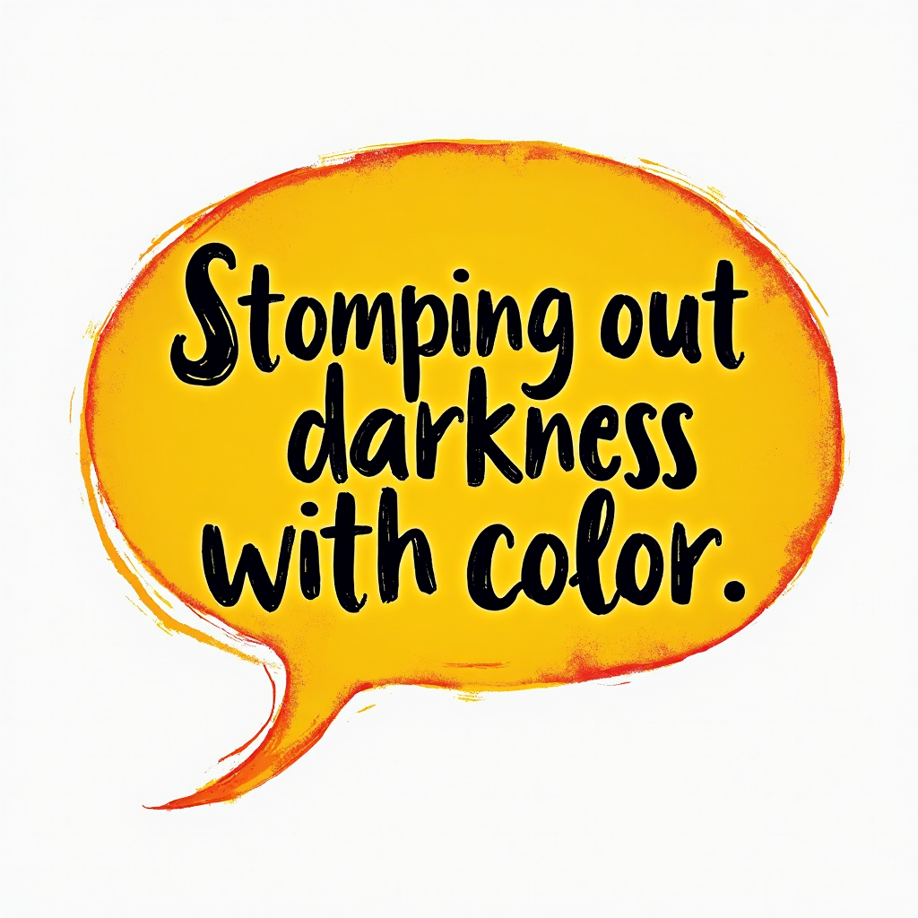 Bright yellow speech bubble with the phrase Stomping out darkness with color written in bold, black letters.
