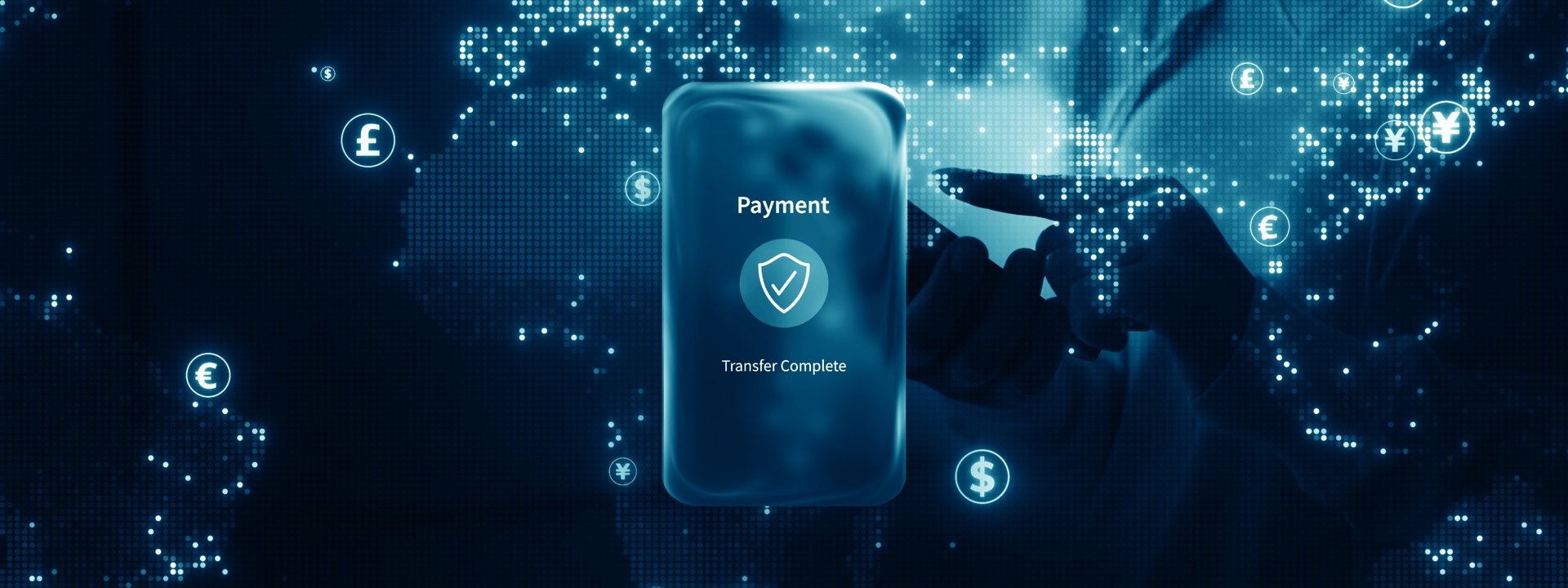 Secure Digital Payment Transfer Concept. Futuristic secure digital payment with smartphone, currency symbols, and global network connection, representing fintech, online banking, and money transfer.