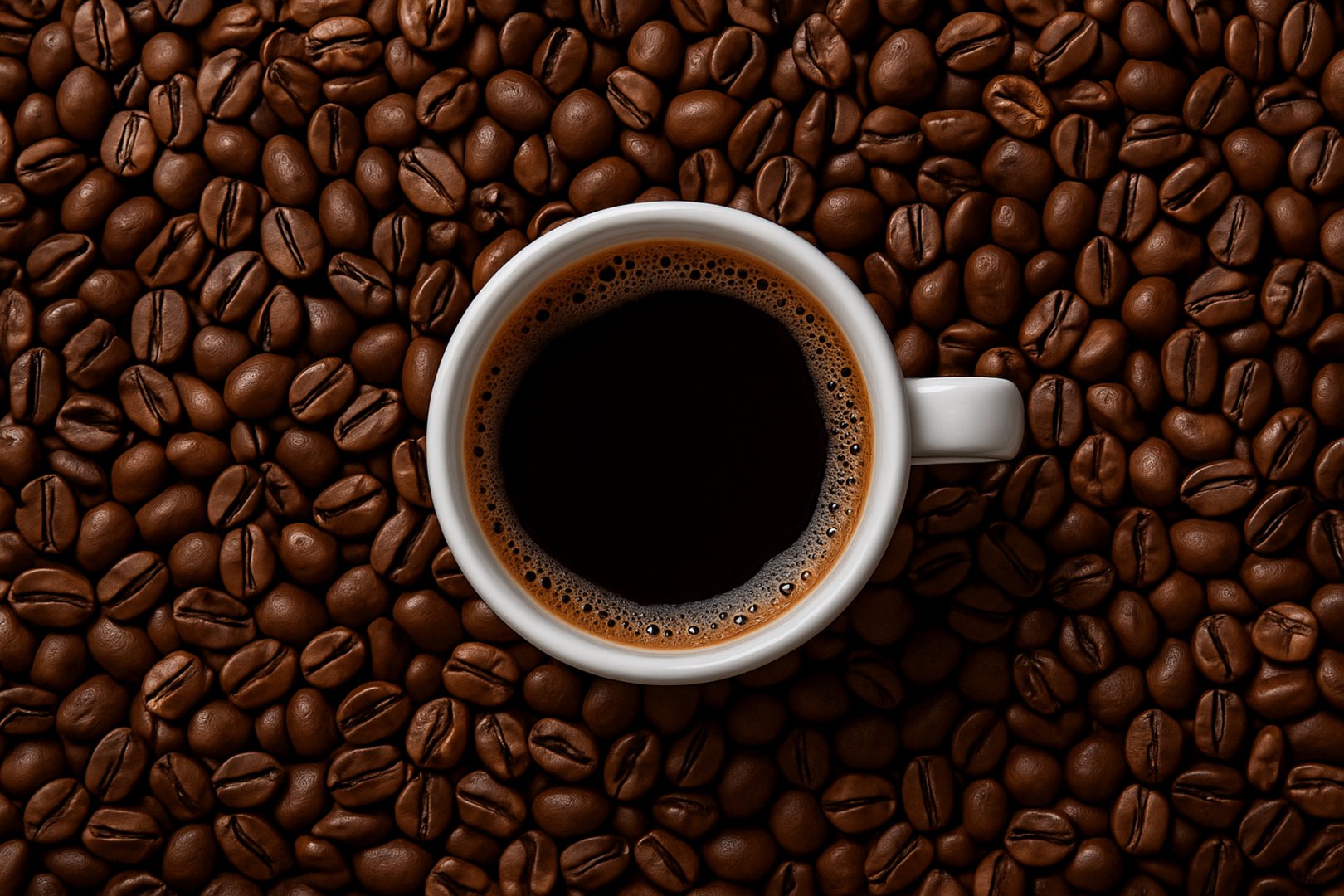 White cup of black coffee on coffee beans background, top view.