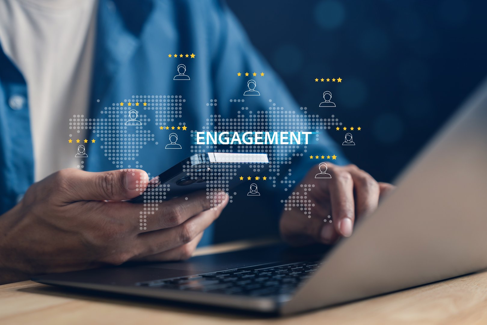 Digital data engagement and user interaction. Person using smartphone and laptop with global user icons and rating stars. Ideal for CRM, social media analytics, and customer experience design.