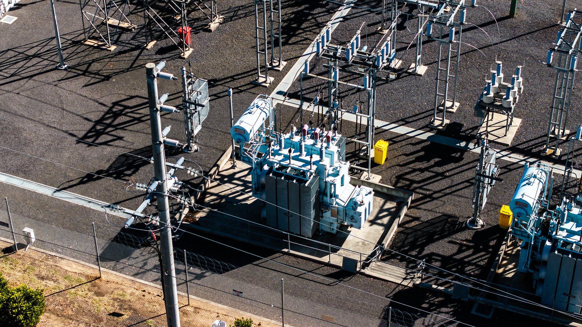 small scale electricity zone substation servicing a small country town in central Victoria, captured by a drone
