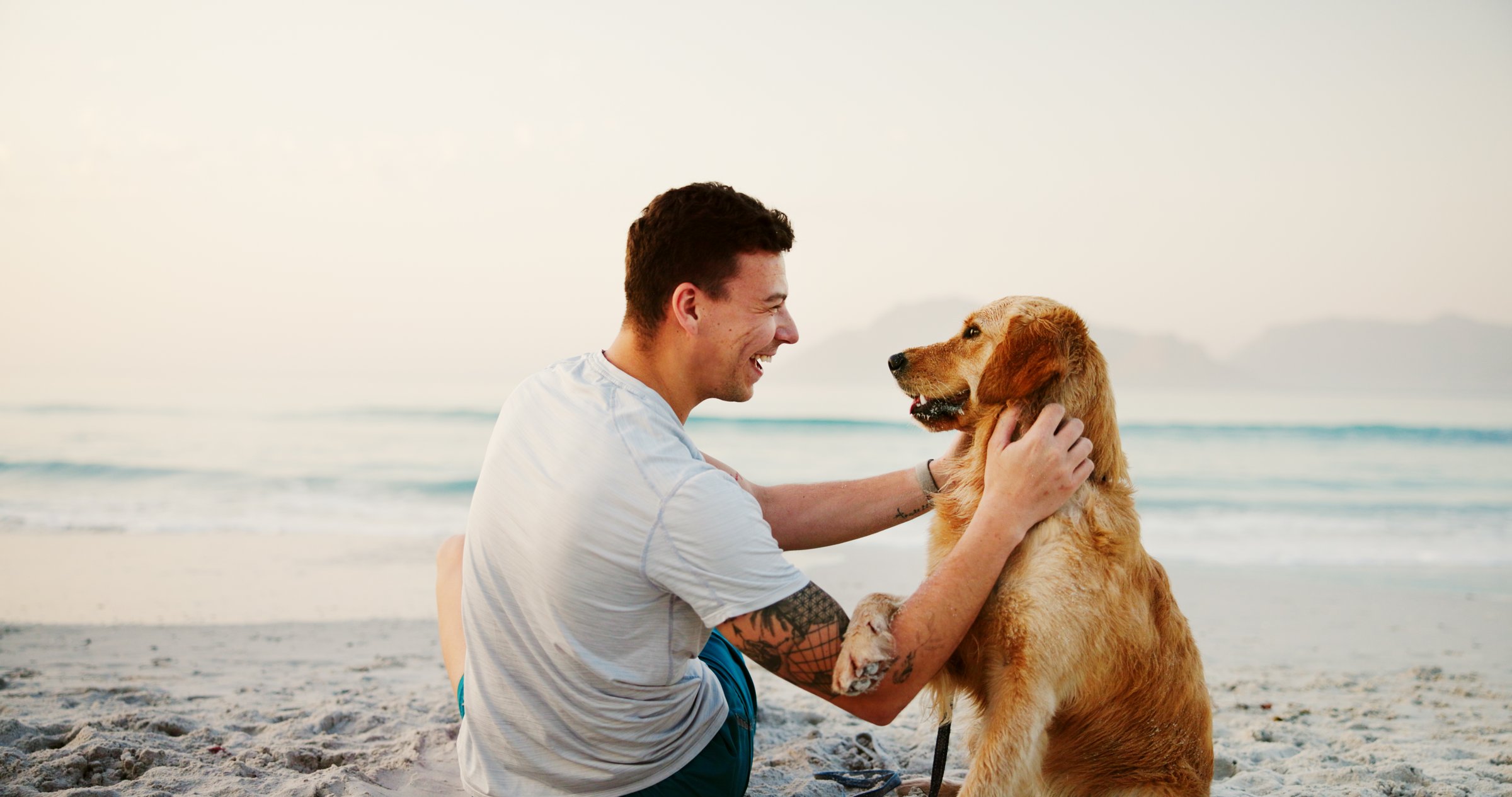 Relax, man and affection to dog at beach for loyalty, companion or travel adventure with smile. Vacation, person and pet animal at seaside for bonding, playing together or fresh air with mockup space
