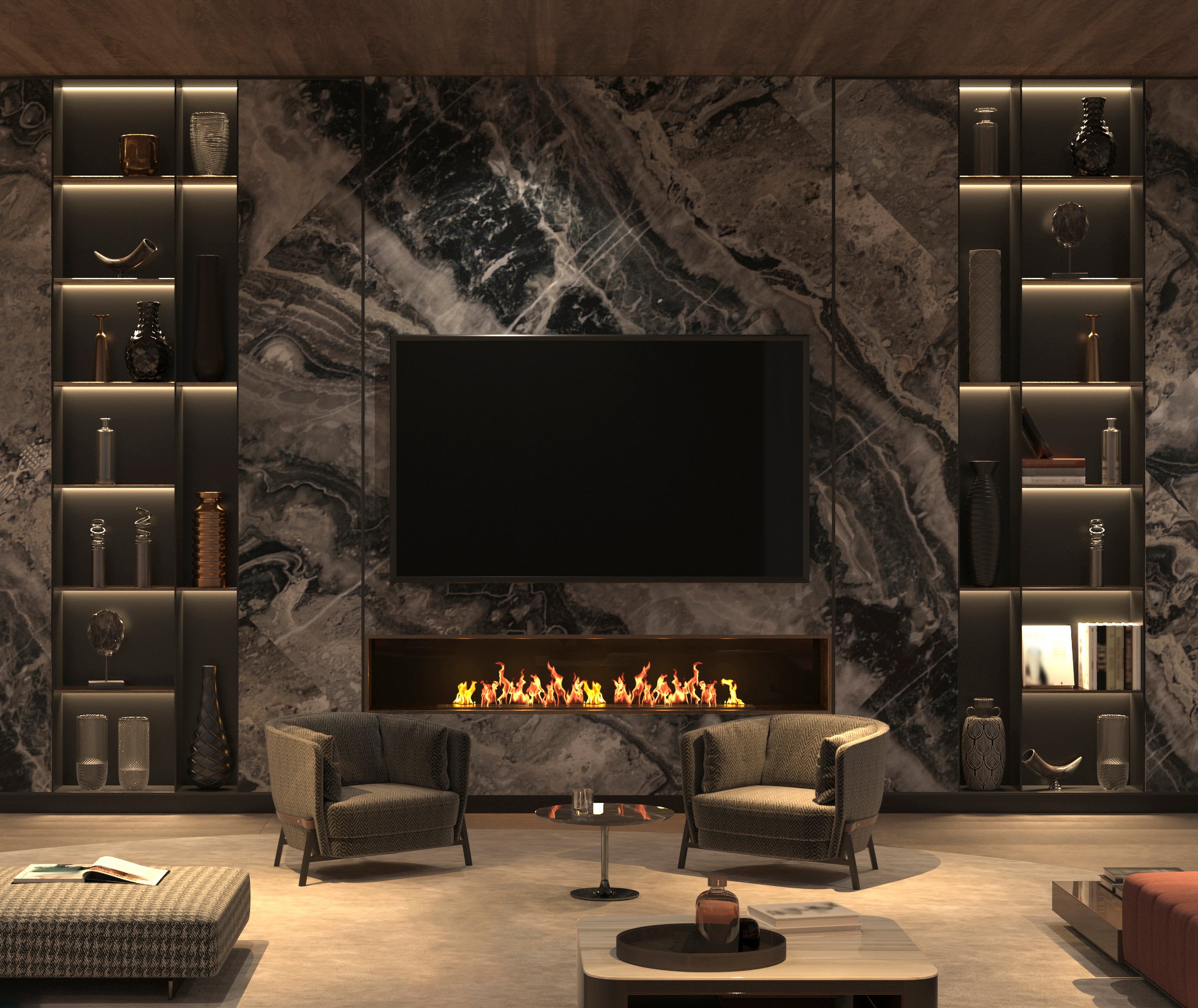 TV mounted above fireplace in elegant living room