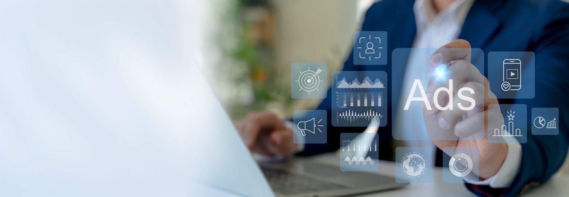 Digital Advertising Strategy Concept. Interacti with virtual advertising interface on a laptop, with futuristic marketing icons, digital ads dashboard. Digital strategy and targeted online campaigns.