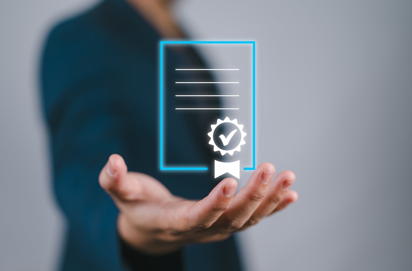 Digital illustration of a professional certification concept with a glowing document and checkmark symbol held by a businessman.