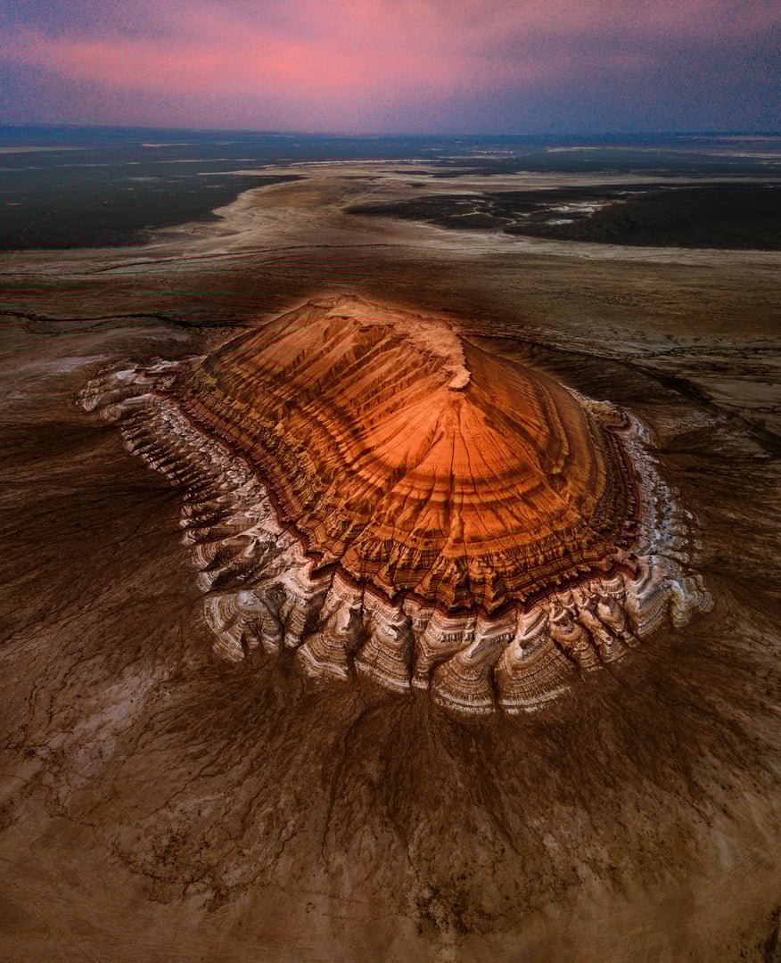 Aerial view of colorful mountains at dusk