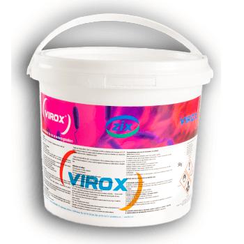 A white plastic container labeled Virox, with colorful branding and product information, featuring a handle on top.