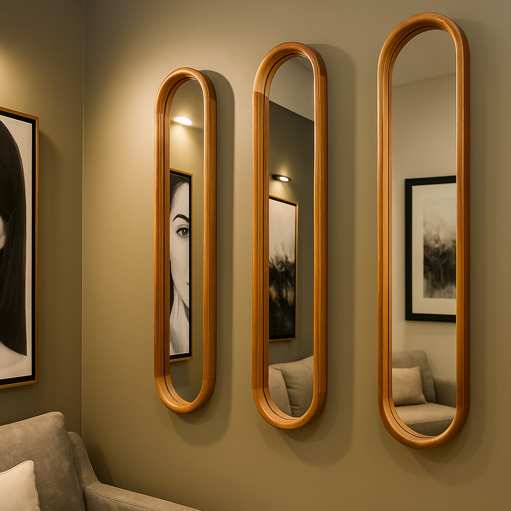 Espejos decorativos con marco de madera maciza, diseño ovaloide alargado con perfil delgado continuo