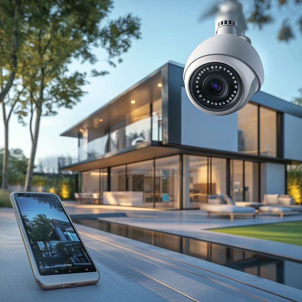 Smartphone displaying security footage on a table; security camera and modern house in the background.