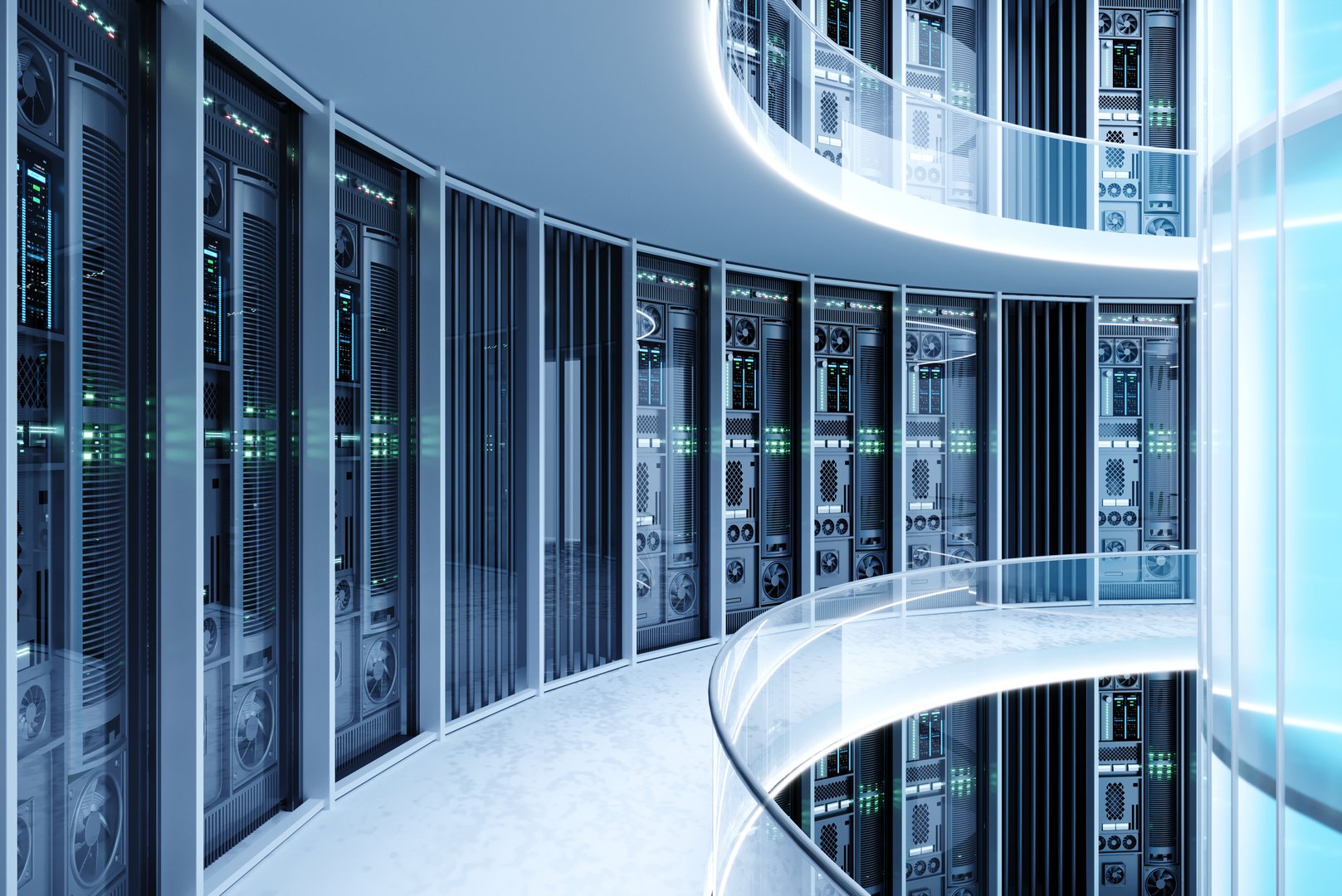 3d illustration. Sleek, futuristic interior of a modern data center with rows of server racks, glass railings, and cool blue, white lighting. Concept for cloud computing and big data storage.