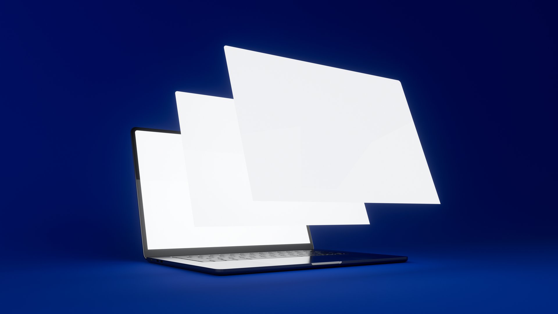 Laptop with three floating screens in the foreground. Blue background. Blank template for your website design. Ready for layout. High-resolution rendering.