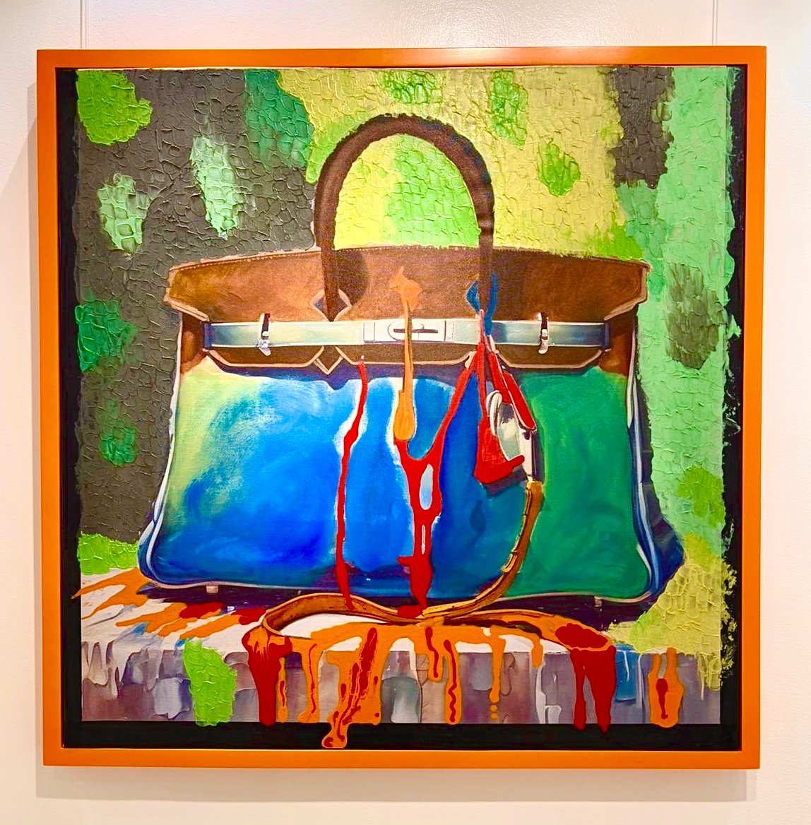 Colorful painting of a handbag with melting effect, featuring shades of brown, blue, red, and green on a textured canvas.