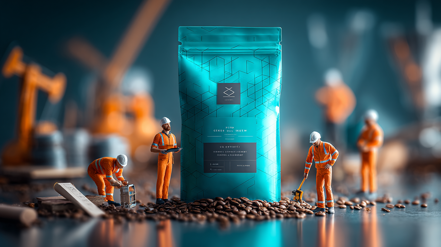 A blue coffee bag surrounded by tiny construction worker figurines and coffee beans on a reflective surface.