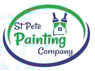 Logo for St Pete Painting Company featuring paintbrushes forming a house roof with green and blue text.