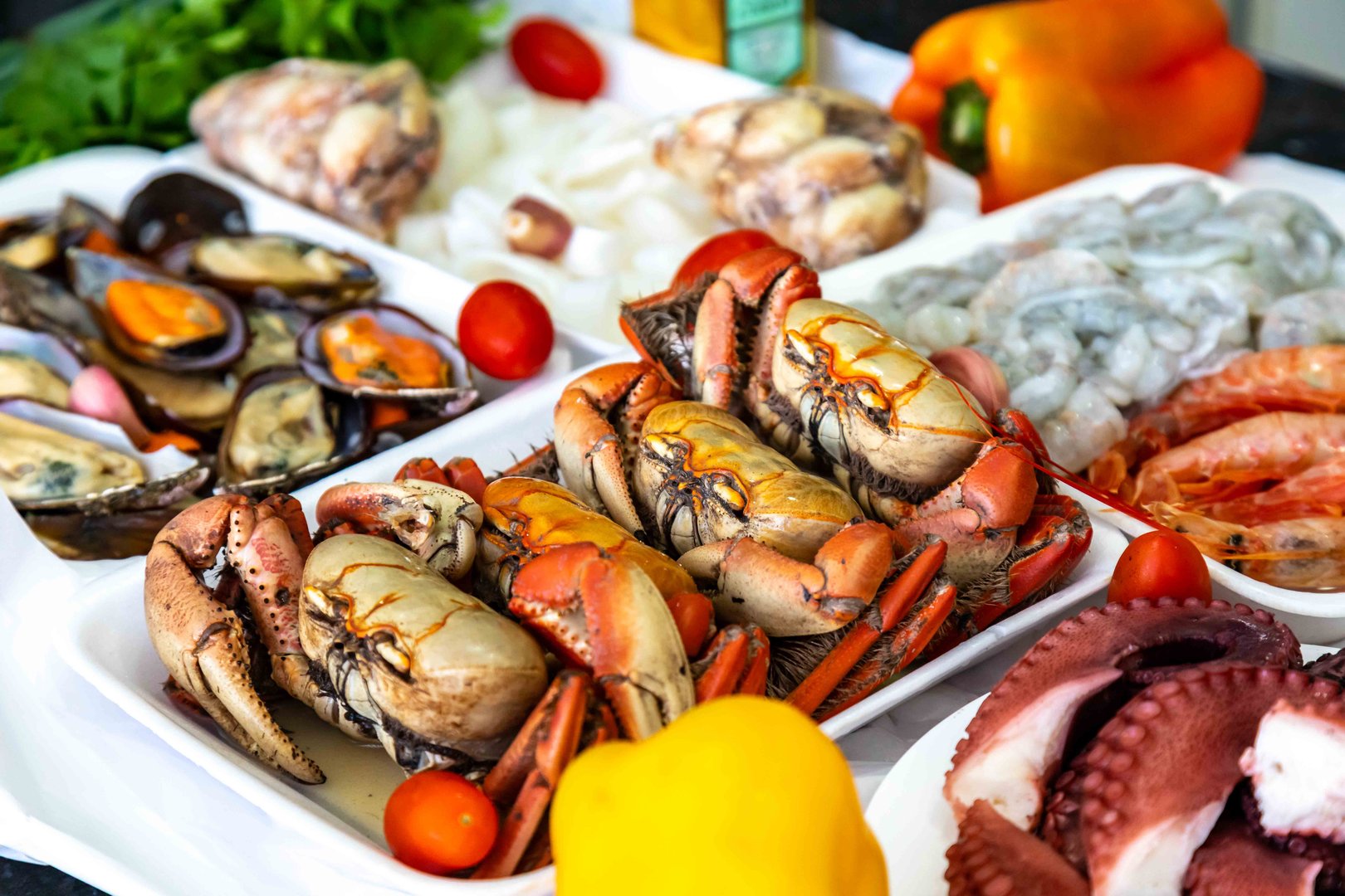 Traditional seafood paella ingredients with a variety of selected seafood. Refined and gourmet cuisine