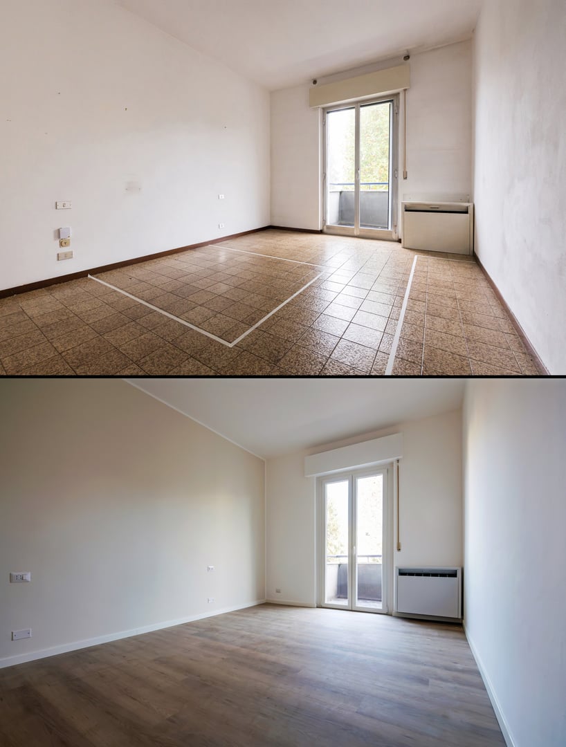 Before and after view of a bedroom renovation showing refurbishment with new floor and wall paint