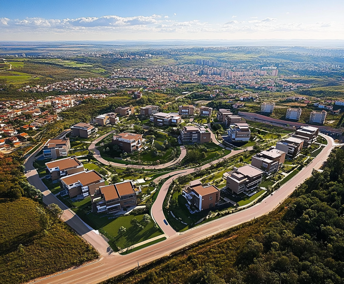 Aerial view of modern residential neighborhood with landscaped lawns, surrounded by roads and open green spaces.