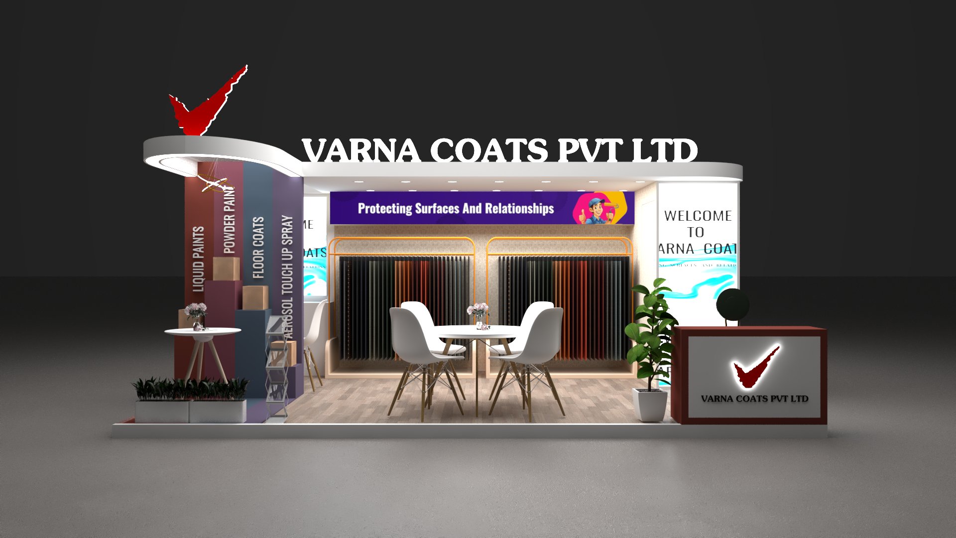 Trade show booth for Varna Coats Pvt Ltd with seating, product displays, and company branding focused on coatings.