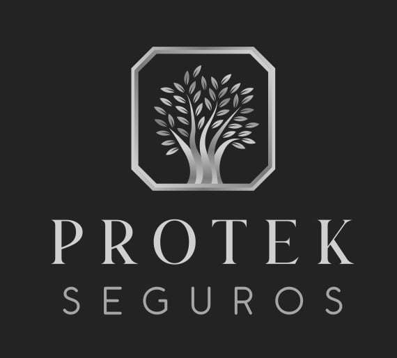Logo of Protek Seguros features a stylized silver tree inside a hexagon on a black background.