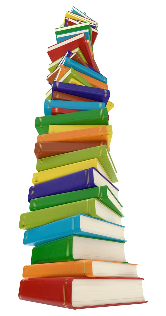 Computer generated image of multi colored book stack isolated on white background