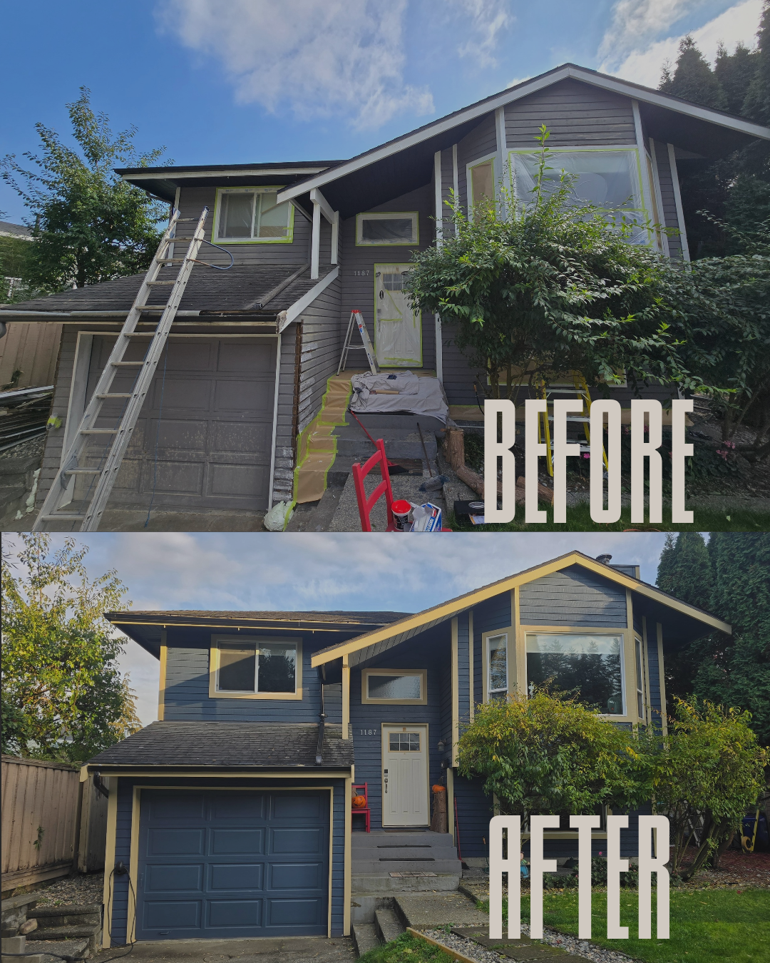 Before and after transformation - exterior painting, siding replacement, trim work, and gutter installation by Color Rush