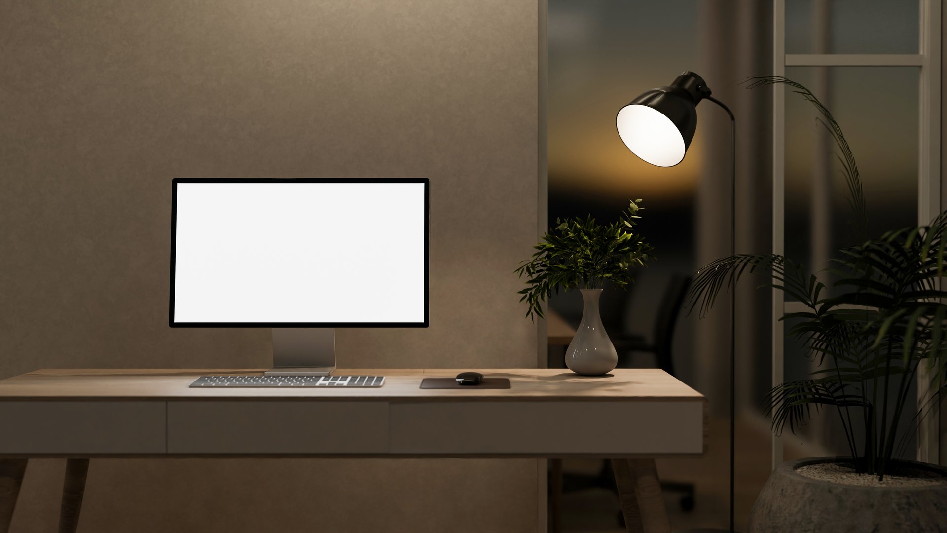 A modern, cozy office at night, featuring a computer with a white screen mockup on a table, houseplants, and illuminated by a floor lamp, creating a warm atmosphere. 3d render, 3d illustration