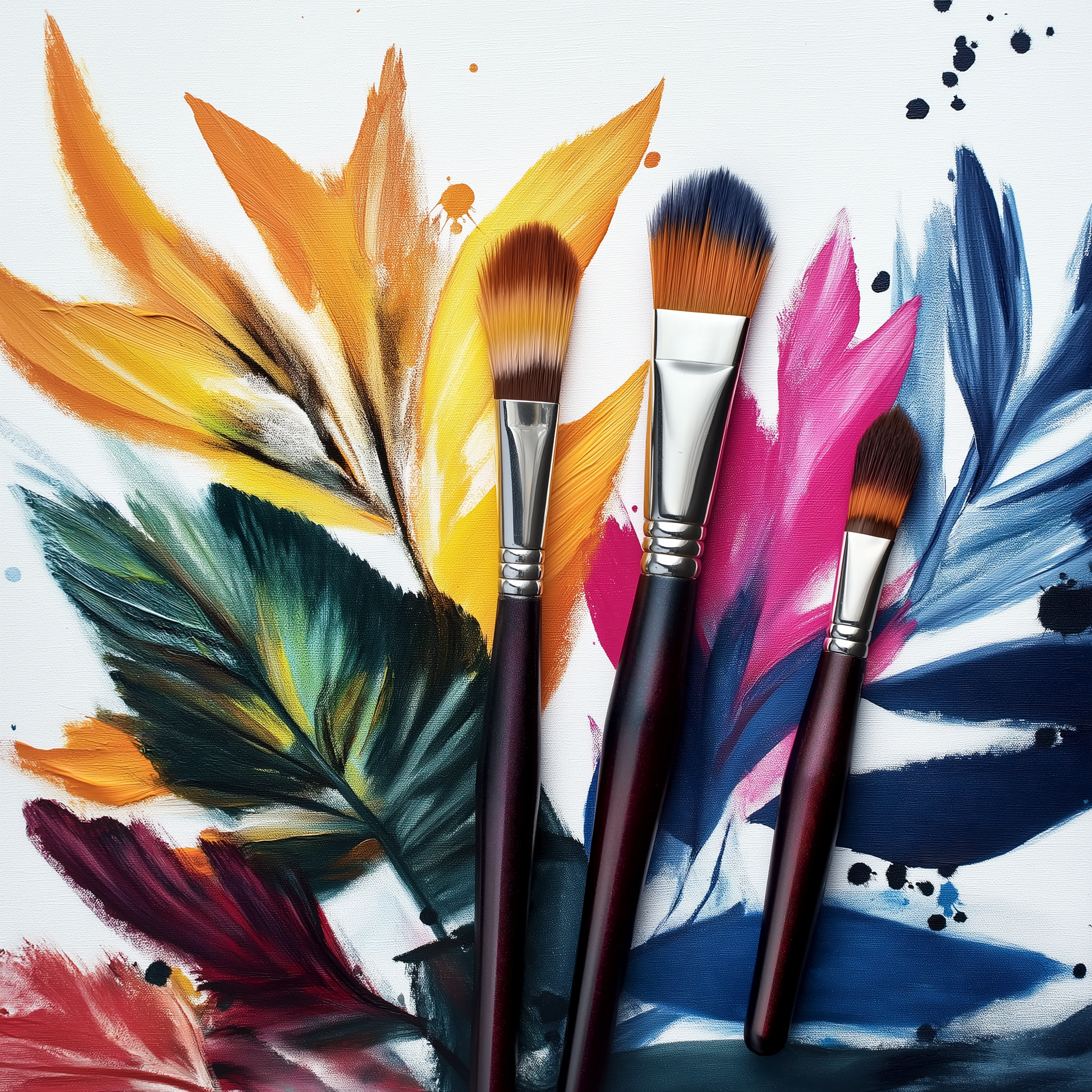 Three paintbrushes rest on a colorful abstract painting with vibrant brushstrokes in blue, yellow, red, and green hues.