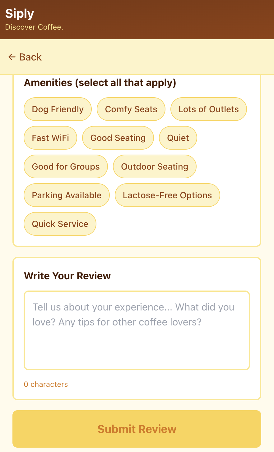 Siply app screenshot showing coffee shop details and reviews