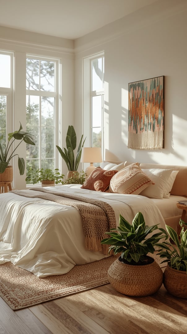 A serene boho bedroom with large windows allowing natural light