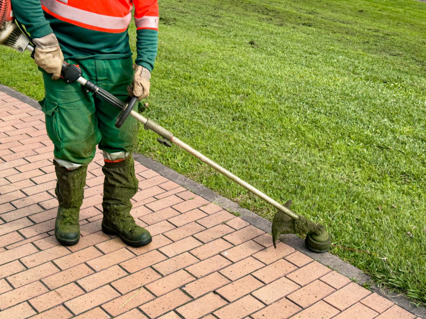 Professional lawn edging and maintenance work along pathways