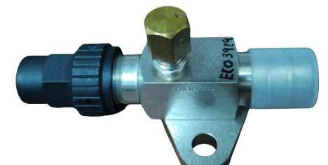 Metal valve with brass hex cap and black plastic connector, labeled EC03964, used in plumbing or hydraulic systems.