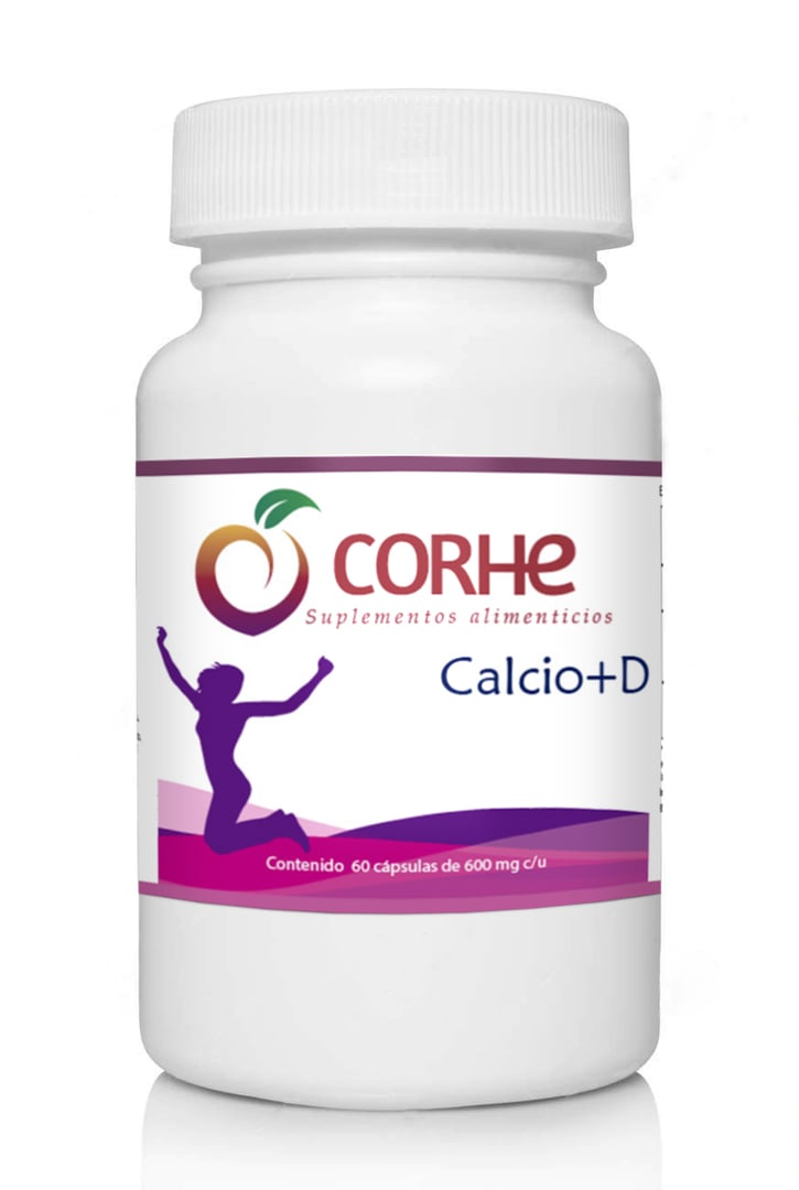 Plastic bottle labeled CORHE Calcio+D with a silhouette of a person. Contains 60 capsules of 600 mg dietary supplement.