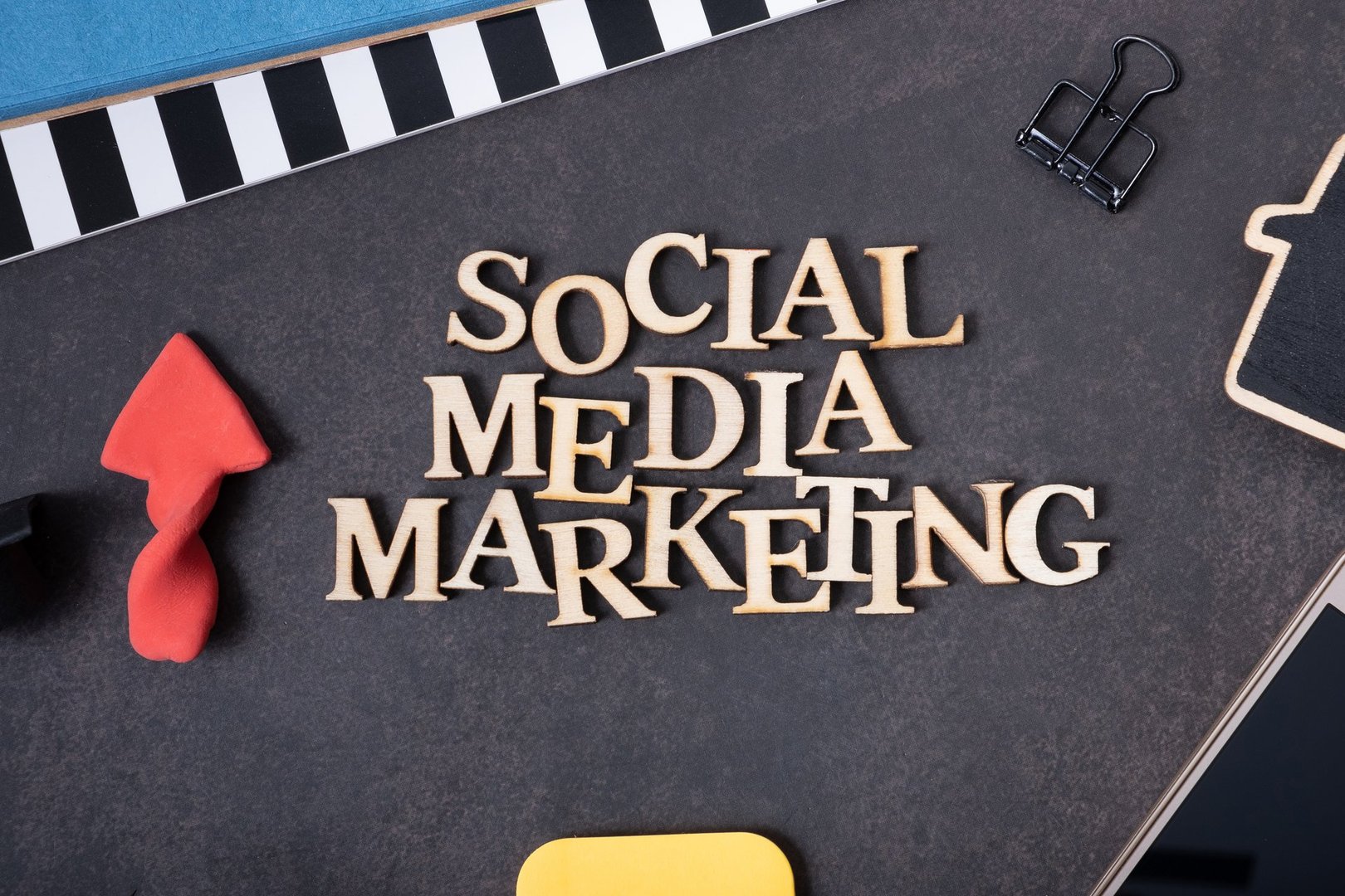 Social Media Marketing inscription made with wooden letters, top view. Social Media Marketing