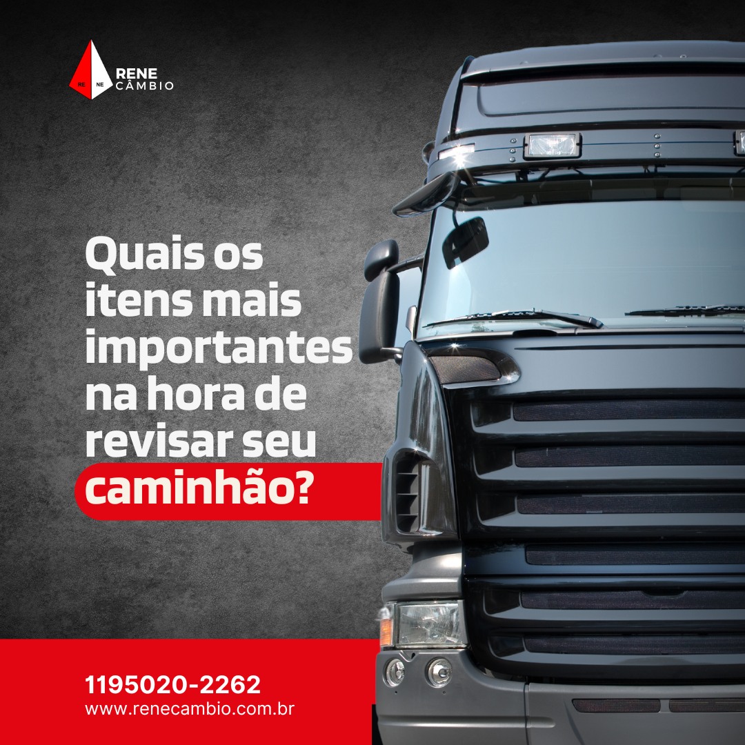 Truck front view with text asking about important items for truck maintenance. Contact details at bottom left.