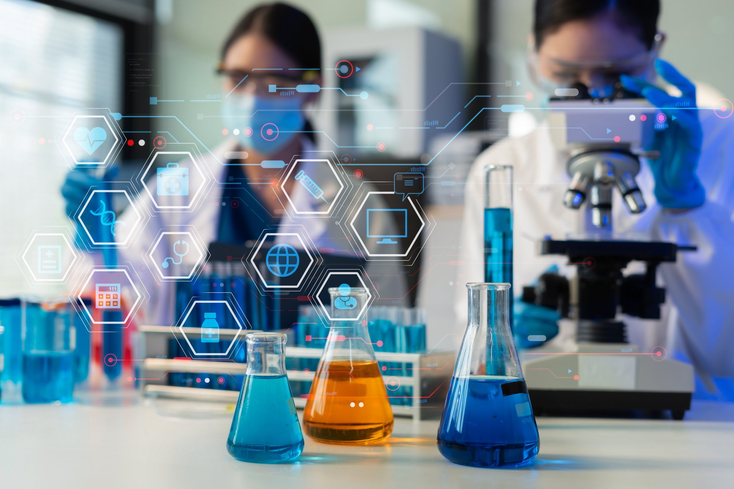 Glass vial pipette and scientist in laboratory for medical study research or experiment