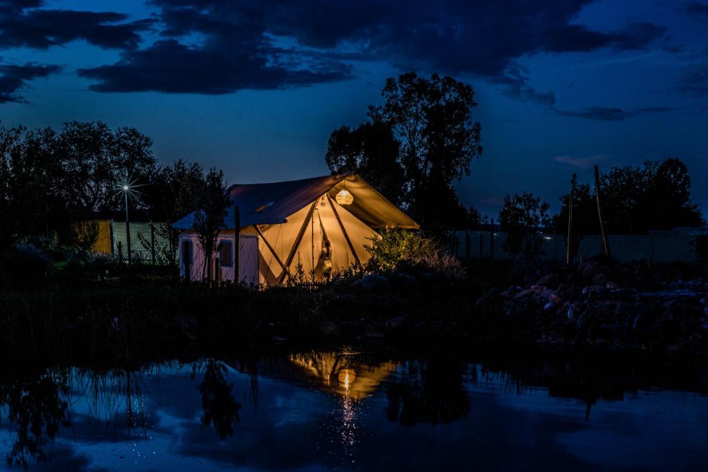 A glowing tent at night reflects in a nearby pond, surrounded by trees and lit by a full moon in a clear sky.