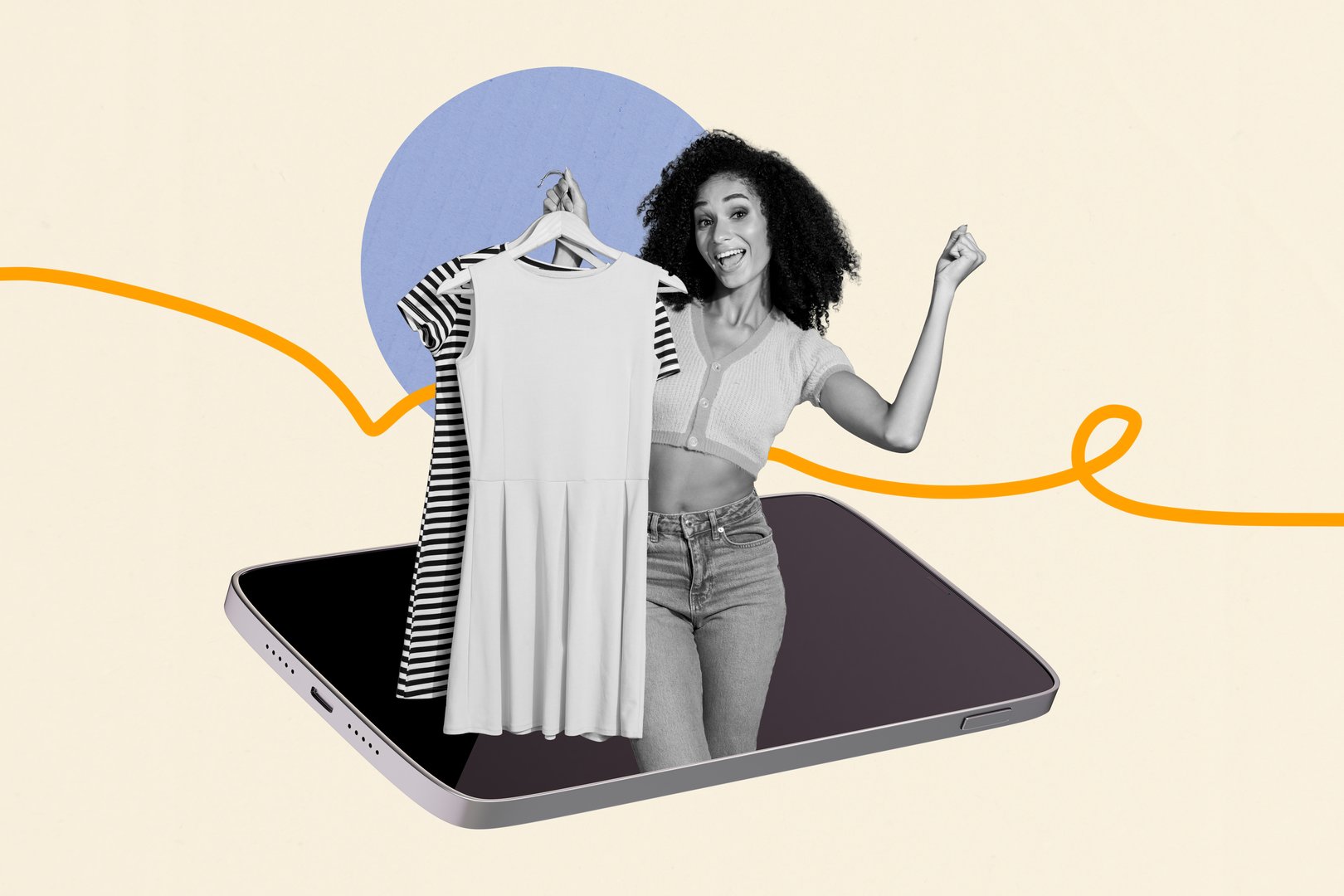 Trend artwork banner photo collage of shopaholic client young lady stand touchscreen phone hold dress black friday consumerism sale offer.