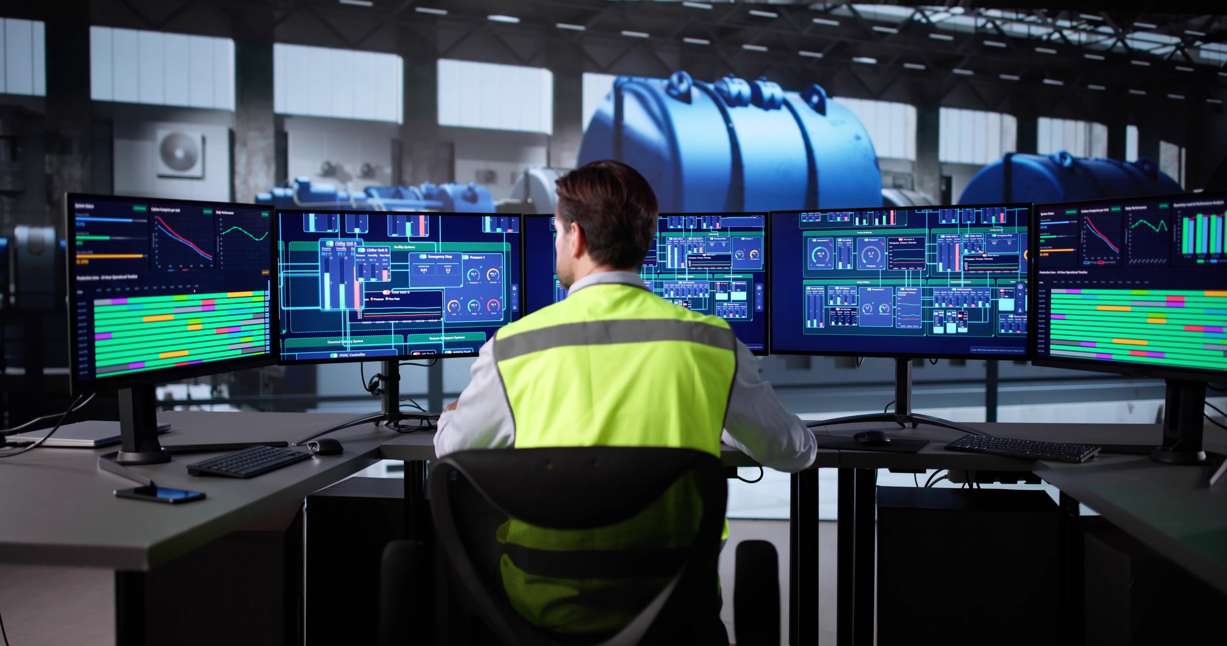 Elderly Engineer Monitoring Oil Power Plant SCADA System On Screen.