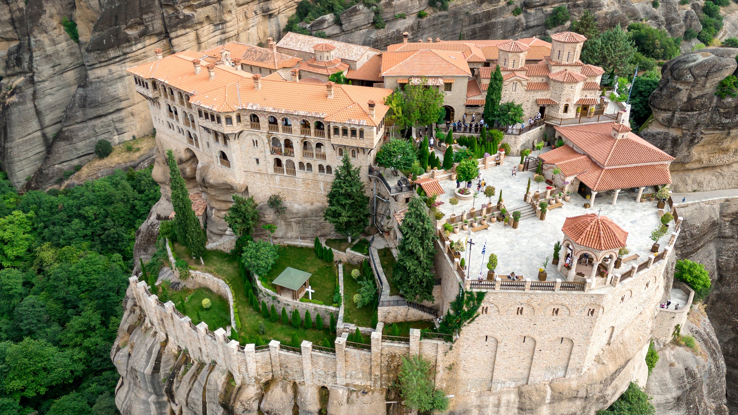 The monastery Meteora, aerila rocky monasteries complex in Greece near Kalabaka city. Holy Monastery of the Great Meteoron and Varlaam