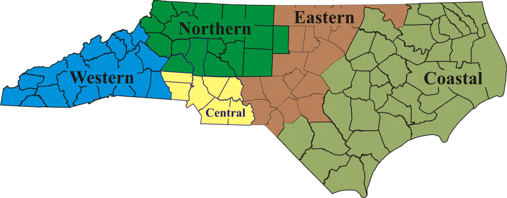 North Carolina Service Areas Map showing Triangle, Eastern, and Western NC regions