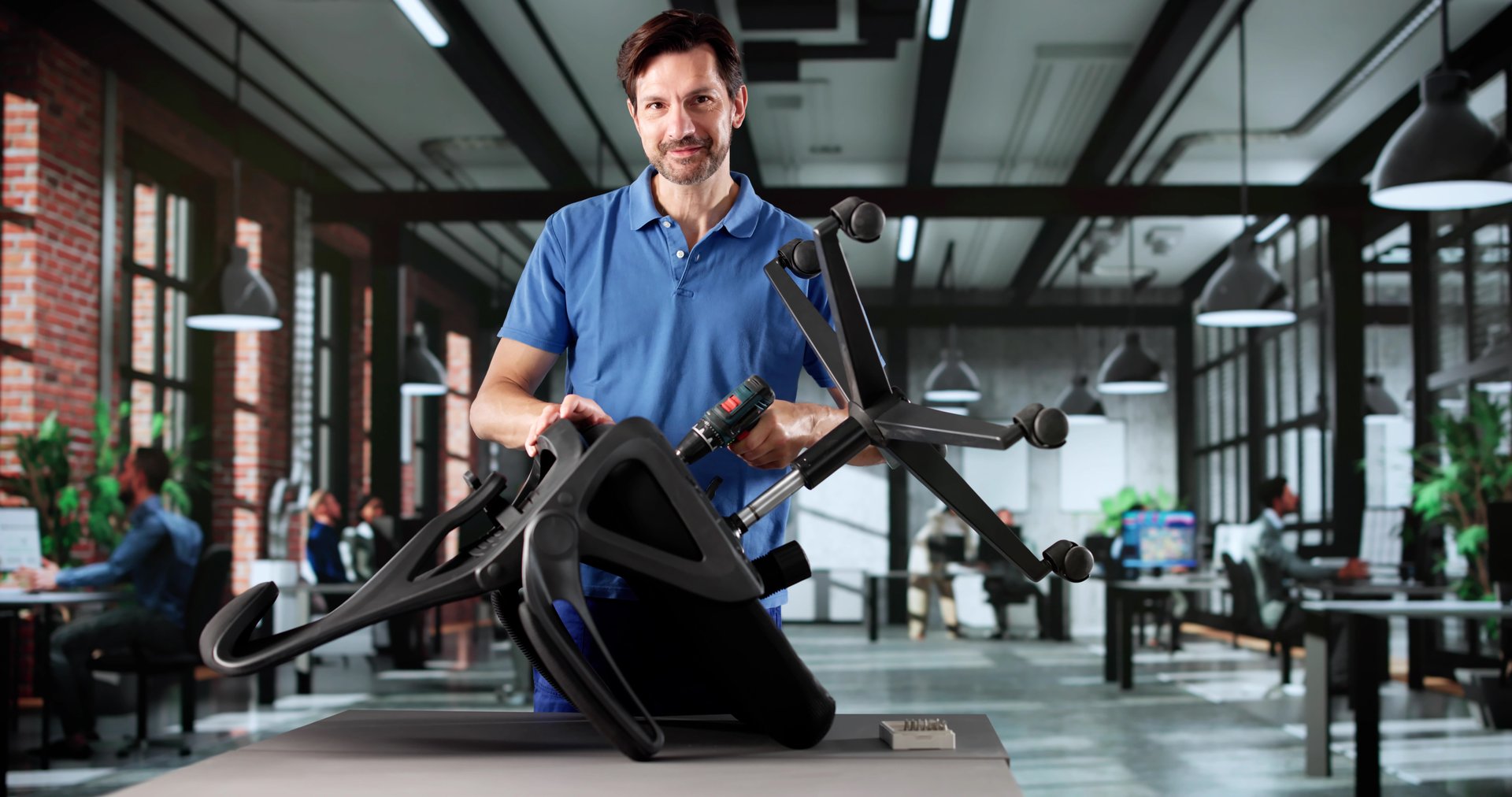 Senior Office Repairman Assembling Chair For Worker's Office Renovation Service